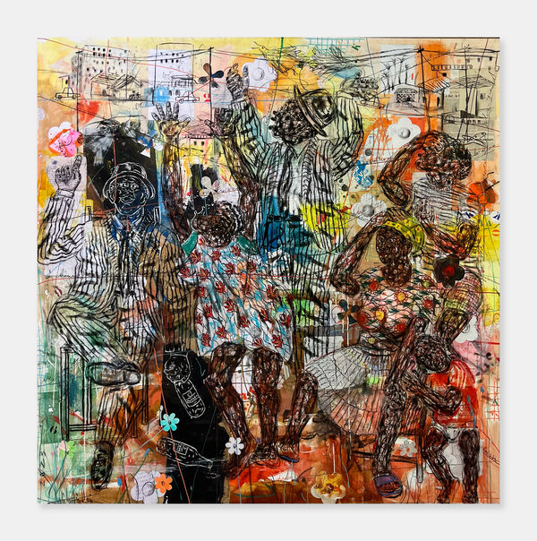 Salifou Lindou painting. Cameroonian Artist. Contemporary African art in Paris. AFIKARIS Gallery Paris. Mixed media on canvas. Figurative portraits. Duality of human beings. Observation of society. Cercle Kapsiki.