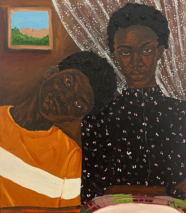 Matthew Eguavoen painting. Nigerian Artist. Contemporary Art Gallery. Oil on canvas. Figurative painting with a photographic vision. Mental health. Family portraits. Black Vanguard movement.