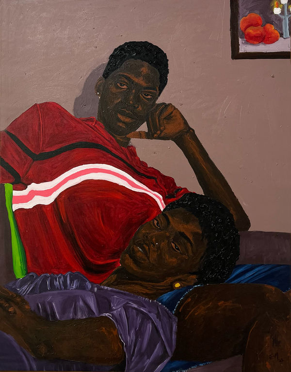 Matthew Eguavoen painting. Nigerian Artist. Contemporary Art Gallery. Oil on canvas. Figurative painting with a photographic vision. Mental health. Family portraits. Black Vanguard movement.