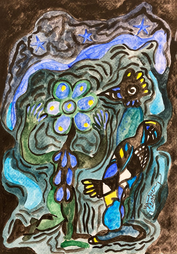 Hervé Yamguen painting. Cameroonian historical Artist. Contemporary African art in Paris. Acrylic on paper. Colorful painting. Abstract Figurative. Cercle Kapsiki.