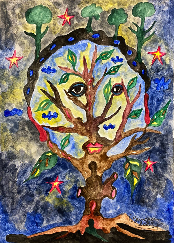 Hervé Yamguen painting. Cameroonian historical Artist. Contemporary African art in Paris. Acrylic on paper. Colorful painting. Abstract Figurative. Cercle Kapsiki.