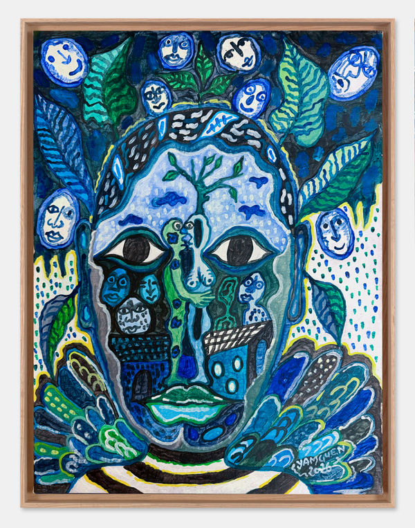 Hervé Yamguen painting. Cameroonian historical Artist. Contemporary African art in Paris. Acrylic on paper. Acrylic on canvas. Sculpture. Figurative. Animist. Hybrid characters. Cercle Kapsiki. Ancestors. Spiriruality