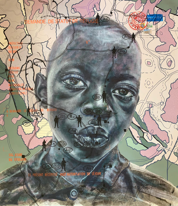 Jean David Nkot painting. Cameroonian Artist. Contemporary African art in Paris. AFIKARIS PARIS. Environmental issues. 1-54 Marrakech. Abstract Figurative. Colourful Painting. Bold colours. Map