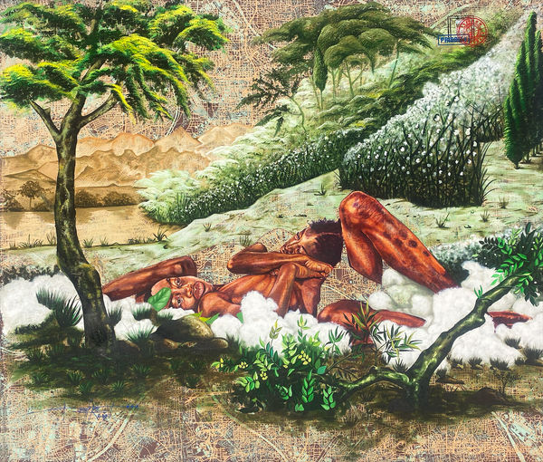 Jean David Nkot painting. Cameroonian Artist. Contemporary African art in Paris. AFIKARIS PARIS. Environmental issues. Bold colors. Colorful painting.