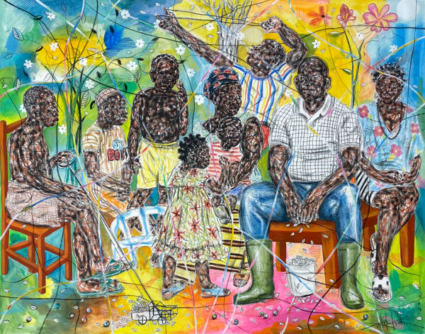 Salifou Lindou painting. Cameroonian Artist. Contemporary African art in Paris. AFIKARIS Gallery Paris. Mixed media on canvas. Figurative portraits. Duality of human beings. Observation of society. Cercle Kapsiki.