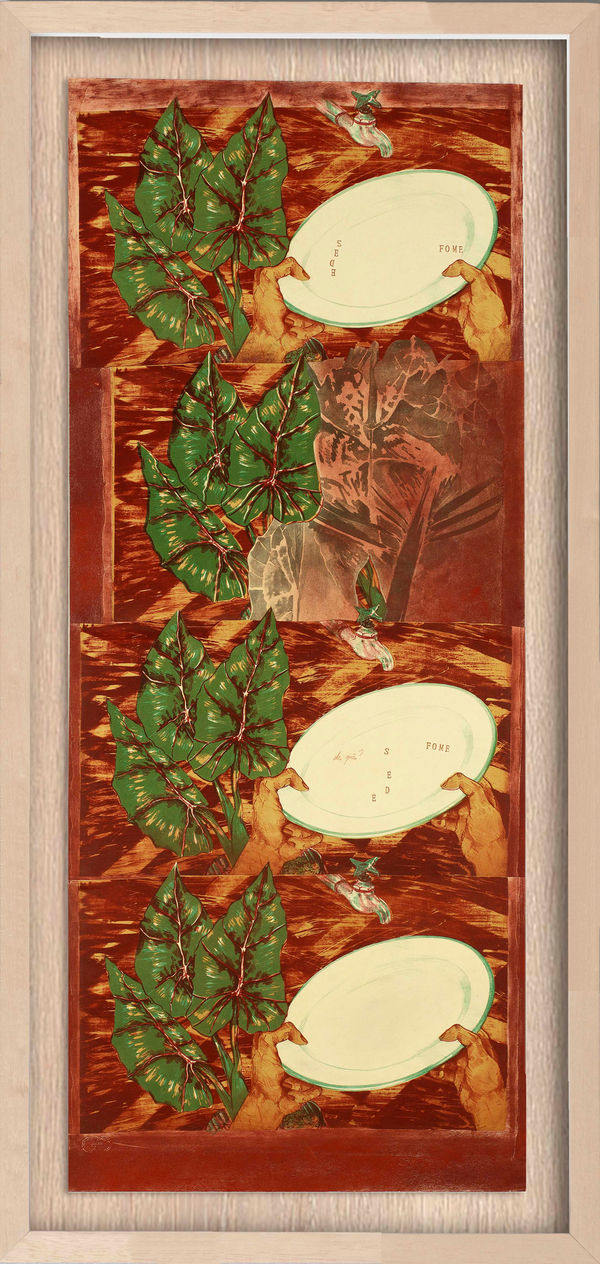 Liliane Dardot e Marcelo Silveira em Oferenda, 1981/2025 pigmento sobre litografia e colagem 111,8 x 59,8 cm (sem moldura) 161 x 73 cm (com moldura)