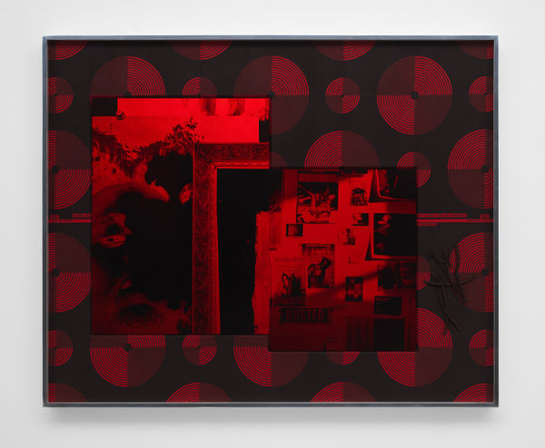 Lyle Ashton Harris Antiquariato Busted, 2020 Ghanaian cloth with sutured selvedge, two dye sublimation prints on aluminum, and artist’s dreadlocks 39 1/2 x 48 3/4 in (100.3 x 123.8 cm) 40 3/4 x 50 x 3 in framed (103.5 x 127 x 7.6 cm framed)