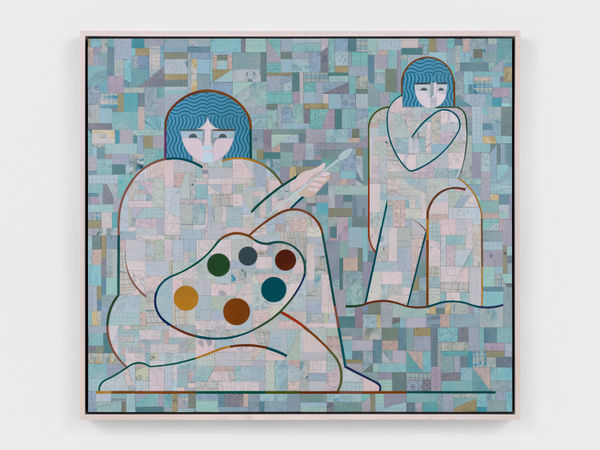 Ruby Sky Stiler Artist with Bather, 2025 Canvas, acrylic, pencil, and Jade adhesive on panel 44 x 50 in (111.8 x 127 cm) 45 7/8 x 52 x 3 3/8 in framed (116.5 x 132.1 x 8.6 cm framed)