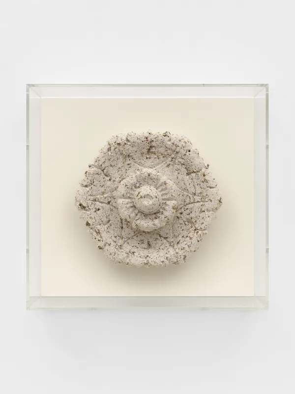 Bethany Collins Old Ship Rose III, 2025 Cast paper with confederate granite 9 x 9 3/4 x 4 in (22.9 x 24.8 x 10.2 cm) 13 7/8 x 14 7/8 x 6 in framed (35.2 x 37.8 x 15.2 cm framed)