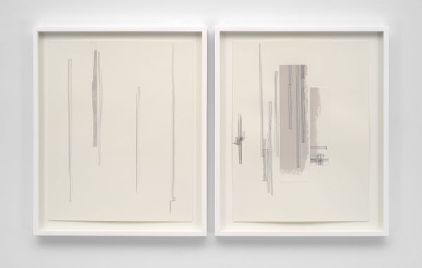 Jennie C. Jones Untitled (Segue Score) Diptych #4, 2021 Collage, acrylic, and ink on paper in 2 parts 20 x 16 in (50.8 x 40.6 cm), 20 x 15 in (50.8 x 38.1 cm) 23 x 19 x 1 3/4 in framed each (58.4 x 48.3 x 4.4 cm framed each)