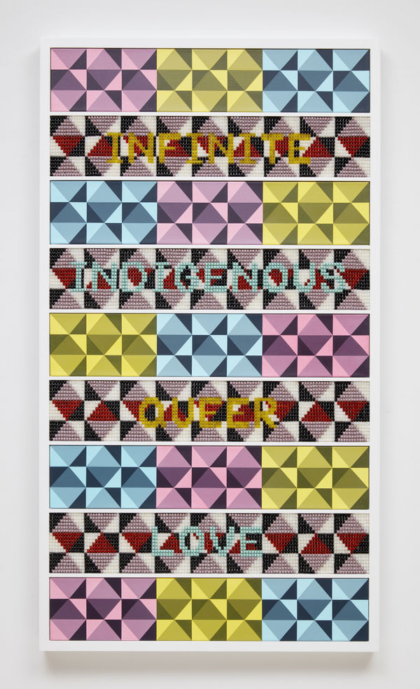 Jeffrey Gibson INFINITE INDIGENOUS QUEER LOVE, 2020 Acrylic on canvas, glass beads and artificial sinew inset into wood frame 63 7/8 x 35 1/2 in (162.2 x 90.2 cm)