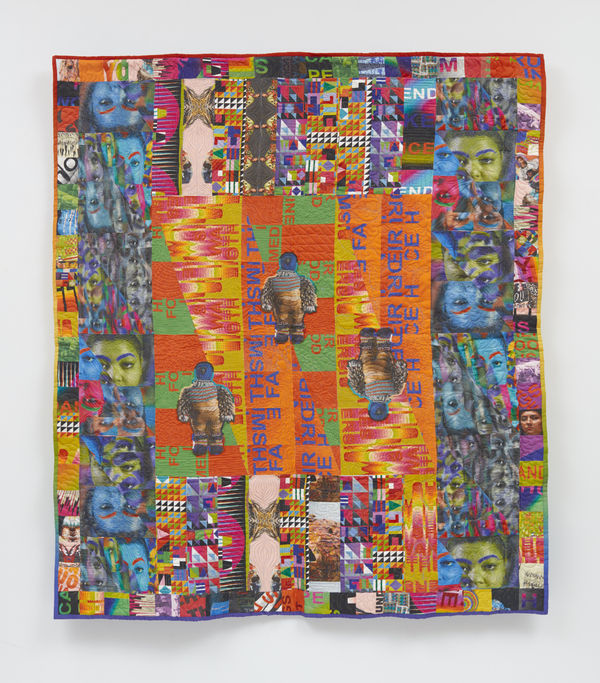 Jeffrey Gibson A LITTLE BIT LOUDER NOW, 2019 Cotton and linen, digitally printed fabric, polyester thread, and cotton batting 77 x 68 1/4 in (195.6 x 173.4 cm)