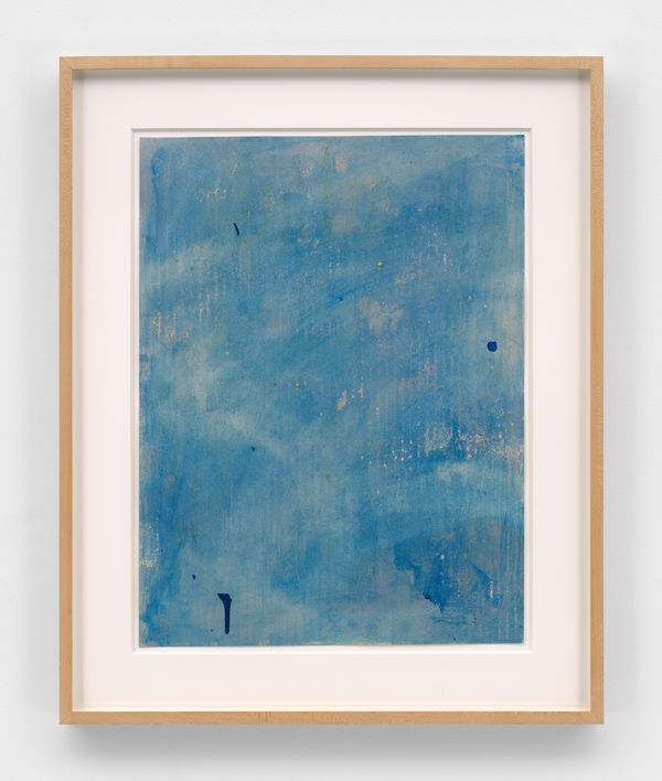 Karlos Cárcamo Untiled Study for Kase Painting (Blue), 2019 Latex and spray enamel, graffiti remover, and collage on paper 21 1/2 x 15 1/4 in (54.6 x 38.7 cm) 26 1/2 x 21 1/2 x 1 1/2 in framed (67.3 x 54.6 x 3.8 cm framed)