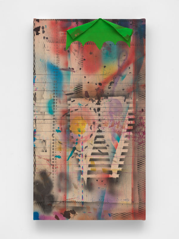 Laleh Khorramian Fallout, 2021 Acrylic, cotton, dye, ink, and silk on canvas 49 x 28 x 2 1/2 in (124.5 x 71.1 x 6.3 cm)