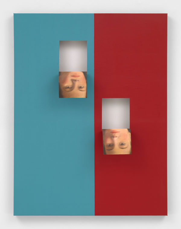 Valeska Soares Doubleface (Cobalt Blue/ English Red), 2019 Oil paint and cutout on vintage oil painting 34 x 25 7/8 in (86.4 x 65.7 cm)