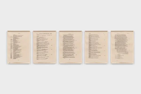 Bethany Collins Antigone: 2015 / 1982 / 1962 / 2011 / 2003, 2025 Graphite on Somerset paper in 5 parts 44 3/8 x 30 1/8 in each (112.7 x 76.5 cm each) 47 x 32 7/8 x 1 3/4 in framed each (119.4 x 83.5 x 4.4 cm framed each)
