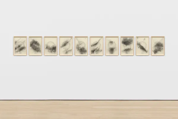 Bethany Collins Beautiful Dreamer I-X, 2025 Graphite and charcoal powder on paper in 10 parts Arrangement by Dave Ragland 17 3/4 x 11 7/8 in each (45.1 x 30.2 cm each) 20 x 14 x 1 1/2 in framed each (50.8 x 35.6 x 3.8 cm framed each)