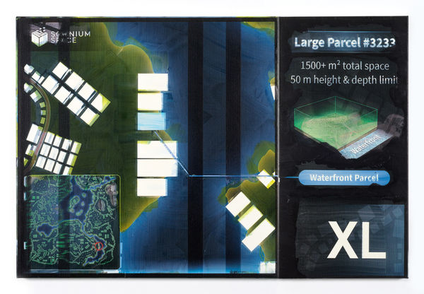 Simon Denny Metaverse Landscape 20: Somnium Space Extra Large #3233 (XL), 2023 Oil on canvas, UV print, Ethereum paper wallet, dynamic ERC-721 NFT Overall: 39 3/8 x 59 x 1 3/4 in 100 x 150 x 4.5 cm 2 canvases: 39 3/8 x 39 3/8 x 1 3/4 in, 39 3/8 x 19 5/8 x 1 3/4 in 100 x 100 x 4.4 cm, 100 x 50 x 4.5 cm