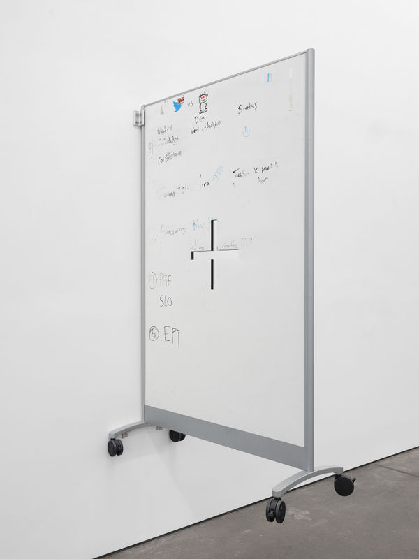 Simon Denny Divider 2, 2023 Laser cut whiteboard room-dividers (acquired from 2023 Twitter office furniture liquidation auction) 66 1/2 x 42 x 18 in 168.9 x 106.7 x 45.7 cm