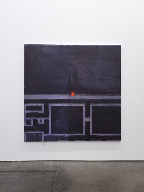 Simon Denny Metaverse Landscape 28: Decentraland Parcel -26, -49, 2023 Oil on canvas, UV print, Ethereum paper wallet, dynamic ERC-721 NFT 78 3/4 x 78 3/4 x 1 3/4 in 200 x 200 x 4.4 cm