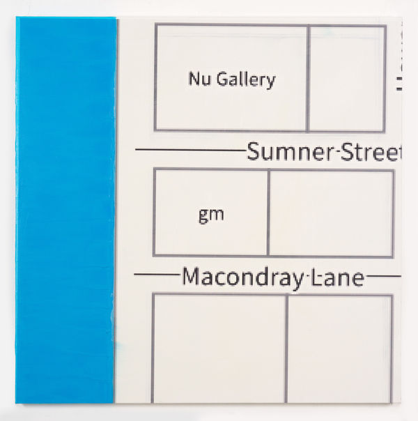 Simon Denny Metaverse Landscape 13: Voxels 3 Sumner Street, 2023 Oil on canvas, UV print, Ethereum paper wallet, dynamic ERC-721 NFT 39 3/8 x 39 3/8 x 1 3/4 in 100 x 100 x 4.5 cm