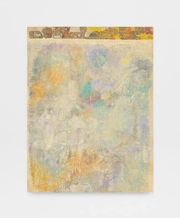 Rafael Delacruz Untitled, 2024 Palm tree ash, oil, and linocut print on canvas 101 x 77 in 256.5 x 195.6 cm