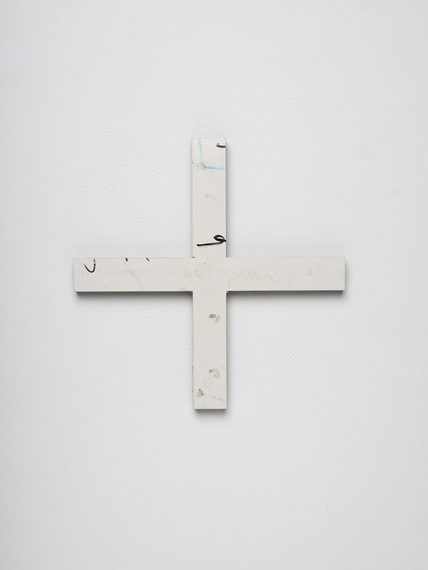 Simon Denny Plus 1, 2023 Laser cut whiteboard room-dividers (acquired from 2023 Twitter office furniture liquidation auction) 11 3/4 x 11 3/4 x 1/2 in 29.8 x 29.8 x 1.3 cm