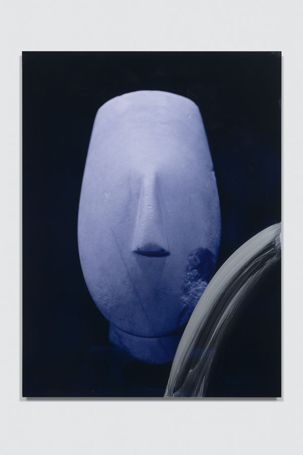 Sara VanDerBeek Cycladic, Louvre, 2021 Dye sublimation print mounted on aluminum, acrylic paint 24 x 18 in 61 x 45.7 cm