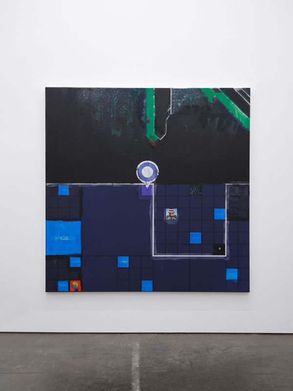 Simon Denny Metaverse Landscape 23: The Sandbox Land (-121, -155), 2023 Oil on canvas, UV print, Ethereum paper wallet, dynamic ERC-721 NFT 78 3/4 x 78 3/4 x 1 3/4 in 200 x 200 x 4.4 cm