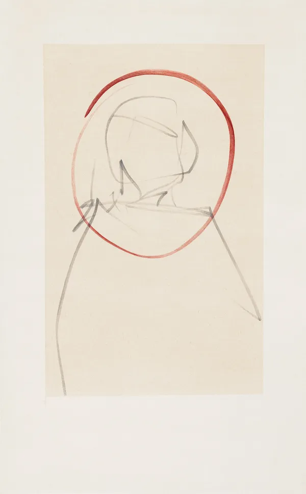 Artwork made on wasli paper with gestural strokes in red and grey with gouache colour with each stroke having multiple smaller strokes within it showing a minimalistic drawing of a human face and body