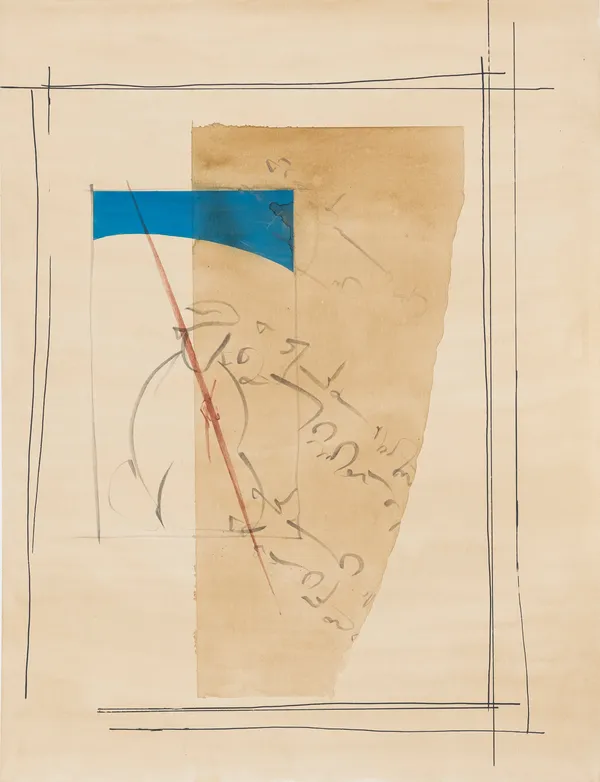 Artwork made on tinted wasli paper with gestural strokes in grey and red with gouache colour with each stroke having multiple smaller strokes within it depicting multiple freehand minimalistic drawings of human body