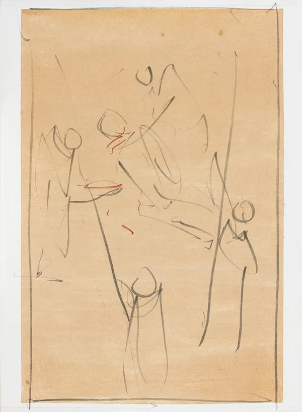 Artwork made on tinted wasli paper with gestural strokes in grey and red with gouache colour with each stroke having multiple smaller strokes within it depicting five minimalistic human figures in the composition