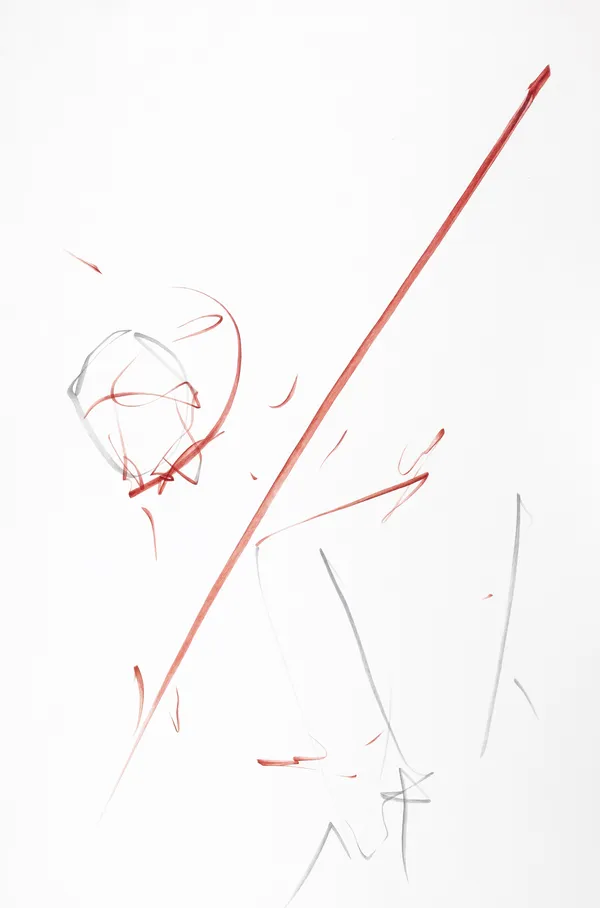 Artwork made on wasli paper with gestural strokes in red and grey with gouache colour with each stroke having multiple smaller strokes within it showing freehand strokes that seem like random scribbles