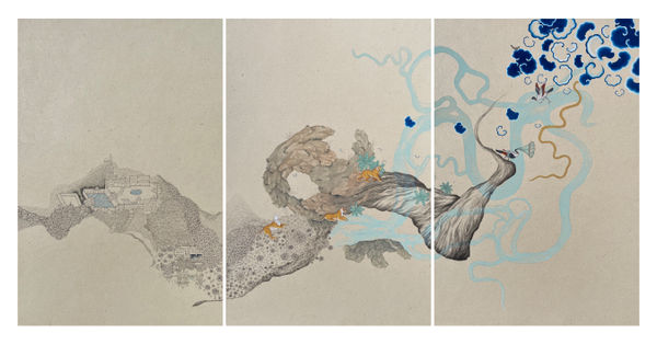 Kapil Sharma The unheard overture (Triptych), 2023 Gouache on wasli paper 30.5 x 20.3 cm 12 x 8 in (each)