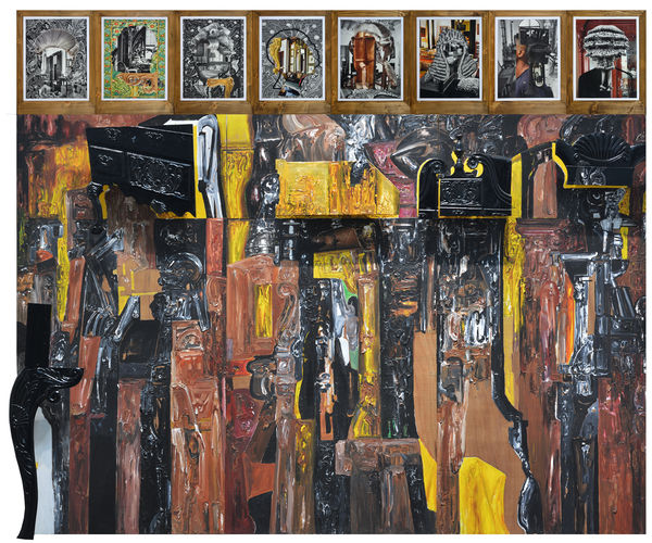 Probir Gupta Aspirants, 2024 Digital images on paper, Wood, acrylic and oxides on wood 304.8 x 365.8 cm 120 x 144 in 24 x 18 in (framed size, each)