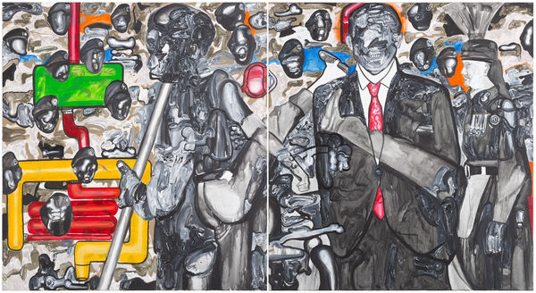 A large diptych showing President Bush at the Wagah Border of India, painted by contemporary Indian artist Probir Gupta