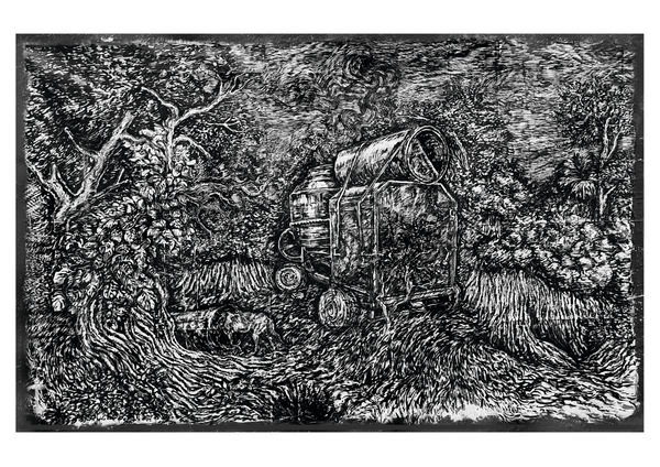 Anupam Roy Land guards_1, 2022 Acrylic, Distemper on Heavy Duty Tarpaulin 600gsm Canvas/Industrial Tripal 182 x 274 cm 71 5/8 x 107 7/8 in