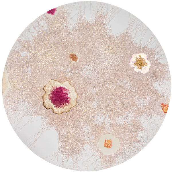 The circular painting on canvas rendered in shades of red using inks and fibres intends to locate and illustrate the inner life and collaborative communion of diversity within micro ecosystems and their phenomenal ways of self- organizing and working; Artistically larger than life in its entirety.