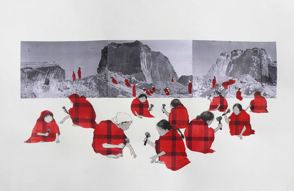 Naphisabiang Khongwir Picnic at Hanging Rock Meets The Quarrying of the Hills, 2021 Printed photograph, watercolour and pen on paper 43.9 x 65 cm 17 1/4 x 25 5/8 in