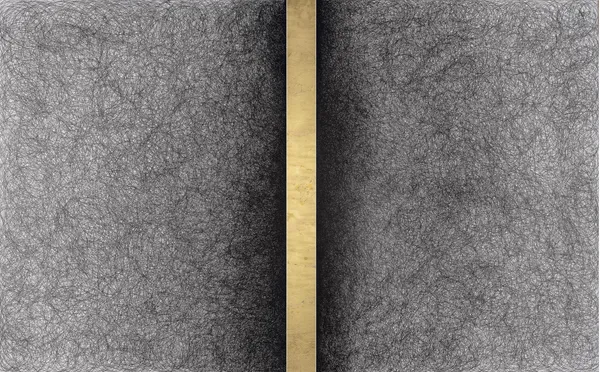 Artwork rendered in gold foil and ink depicting strands of hair meticulously drawn by Pakistani artist Rehana Mangi