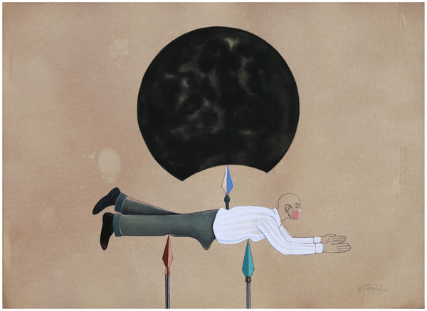 Painted during the pandemic, the artwork depicts a sexually aroused man wearing a pink mask dressed in white shirt, grey trousers and black shoes floating mid- air as he balances himself on the points of two brown and green spears respectively while another spear emerges out of his lower back balancing a black near full moon on its point