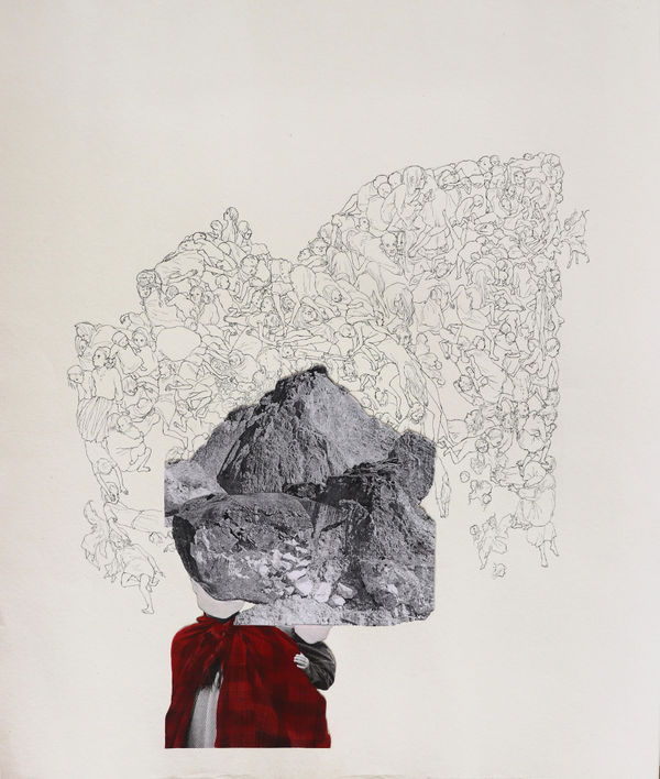 Naphisabiang Khongwir Maw-Nguid-Briew-Nguid-Maw (Boulder-Swallowing-Man-Swallowing-Boulder) , 2022 Collage, Watercolour and Pen on Paper 56.4 x 46.7 cm 22 1/4 x 18 3/8 in