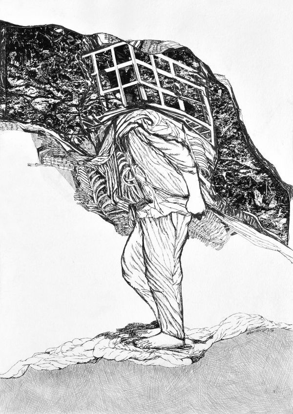 Vikrant Bhise Sanitary Workers II (02) , 2023 Ink pen on paper and collage 29.7 x 21.1 cm 11 3/4 x 8 1/4 in