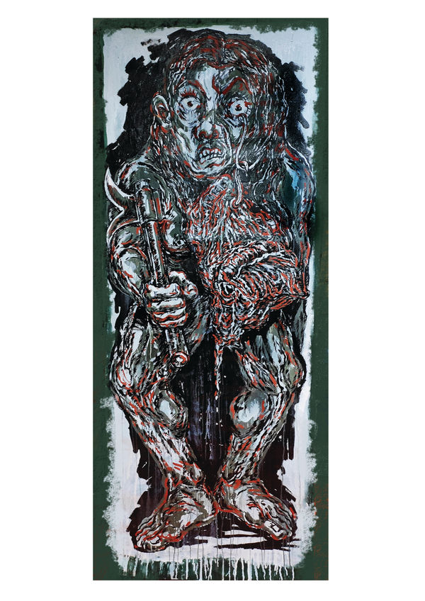 Anupam Roy Land guards_2, 2022 Acrylic, Distemper on Heavy Duty Tarpaulin 600gsm Canvas/Industrial Tripal 274 x 91 cm 107 7/8 x 35 7/8 in