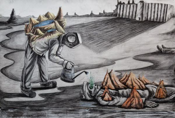 Prabhakar Pachpute Death of Dharma, 2018 Charcoal and watercolour on paper 91.4 x 152.4 cm 36 x 60 in