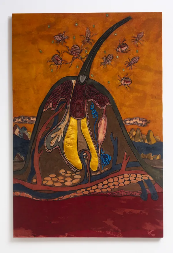 Lavanya Mani Parasite, 2018-19 Natural Dyes, Applique and Hand Embroidery on cotton fabric 198.1 x 121.9 cm 78 x 48 in