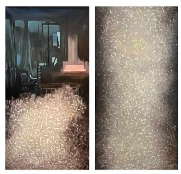 Vasudha Thozhur Studies for Chaos: Interior. Landscape, Still Life, 2025 – 2026 Oil on Canvas 228.6 x 121.9 cm each 90 x 48 in each Diptych