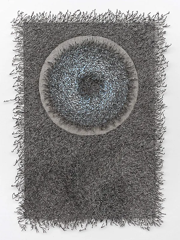 Artwork by Pakistani artist Ghulam Mohammad made up of a collage of Urdu and Persian letters from books that talk about the idea of structures of language