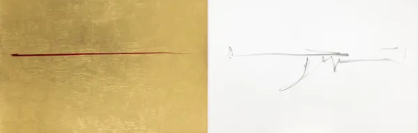 A diptych Artwork made on tinted wasli paper with gestural strokes in grey and red with gouache colour with each stroke having multiple smaller strokes within it depicting a horizontal freehand stroke extending from the first part of the diptych to the second seeming like a scribble towards the end