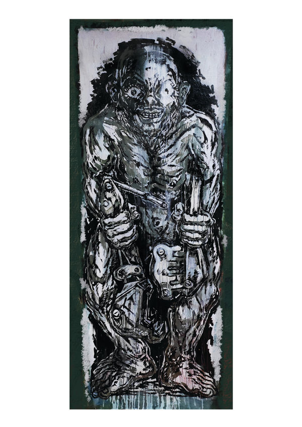 Anupam Roy Land guards_3, 2022 Acrylic, Distemper on Heavy Duty Tarpaulin 600gsm Canvas/Industrial Tripal 274 x 91 cm 107 7/8 x 35 7/8 in